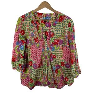 Talbots‎ Floral Pleated Blouse Size XL Colorful Lightweight Preppy Retro Boho